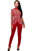 Sexy Red Steampunk Studded Pattern Mesh Insert Jumpsuit